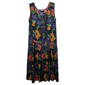 Vintage 90s Floral Garden Sleeveless Midi Dress Size Medium Black